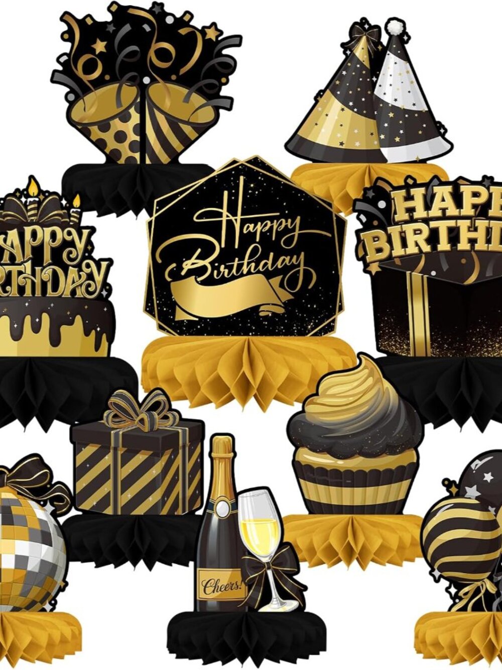Happy Birthday Decorations Set - Black and Gold Birthday Themed Honeycomb Center